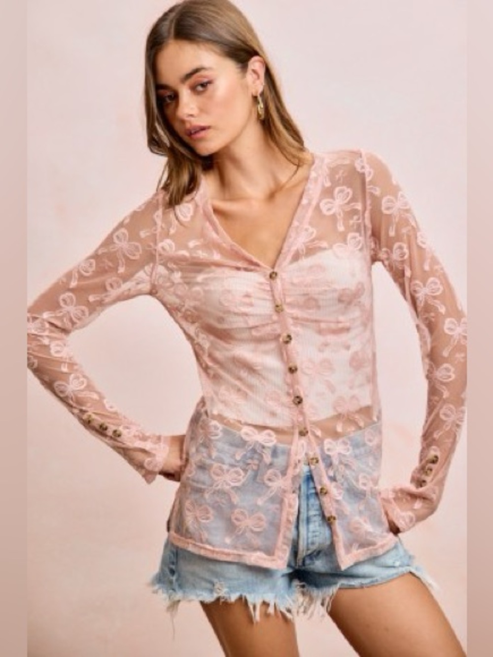 BiBi Bow Pattern Shrried V-neck Mesh Cardigan Top